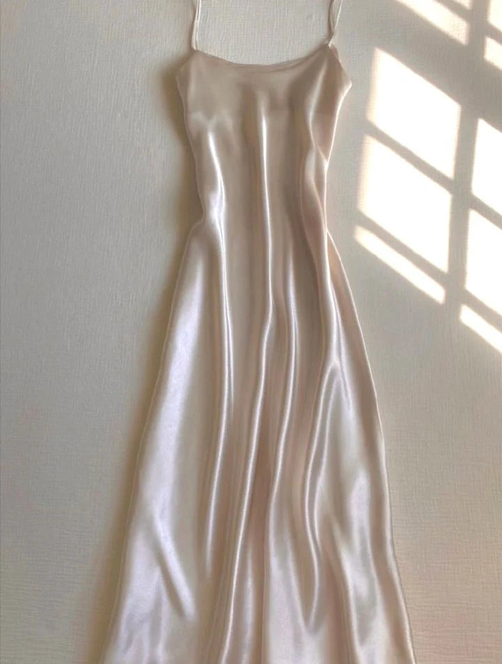 TingPo Wholesale Simple A Line Spaghetti Straps Long Silk Satin Prom Dresses Evening Dress